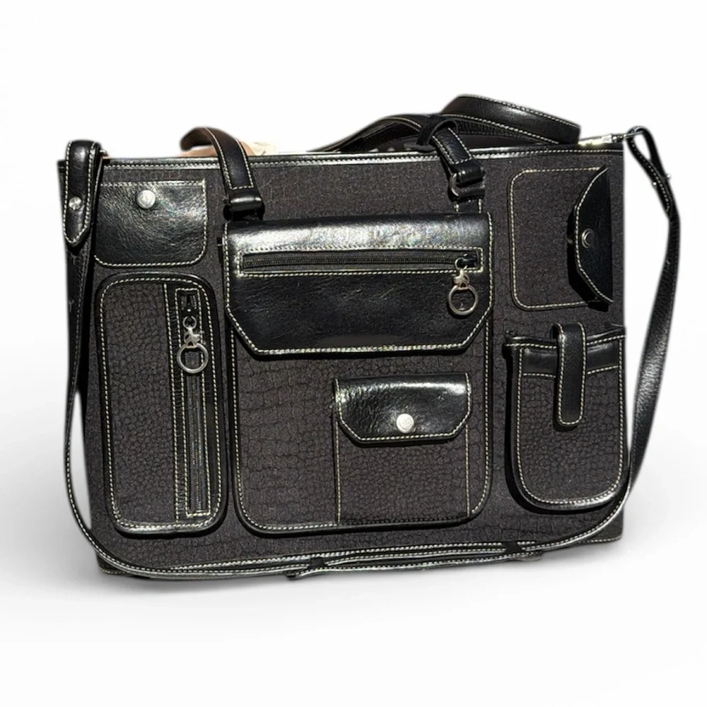 Vintage Brighton Black Leather Briefcase Laptop Bag Multi Pocket Travel Tote